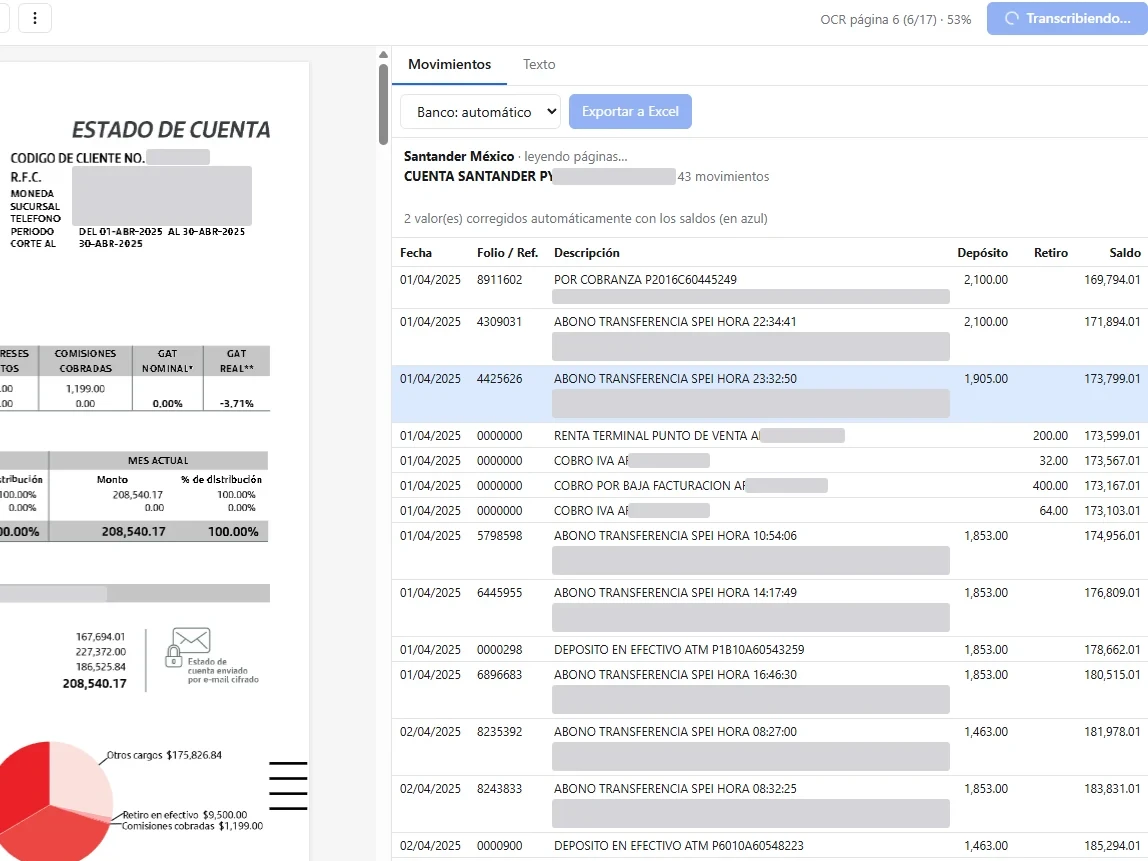 Captura del sistema: Transcriptor de estados de cuenta en PDF