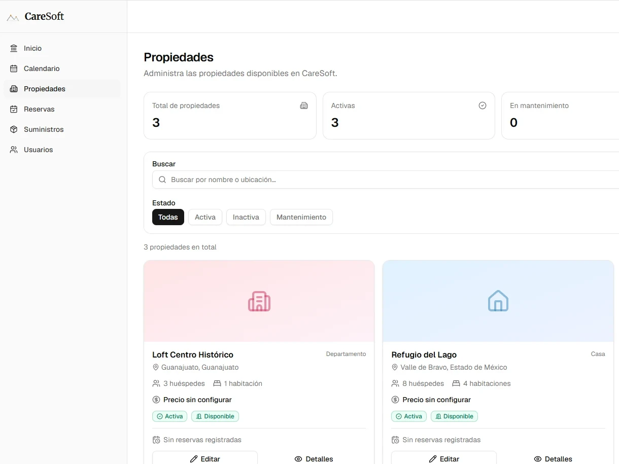 Captura del sistema: Gestión de propiedades y reservas
